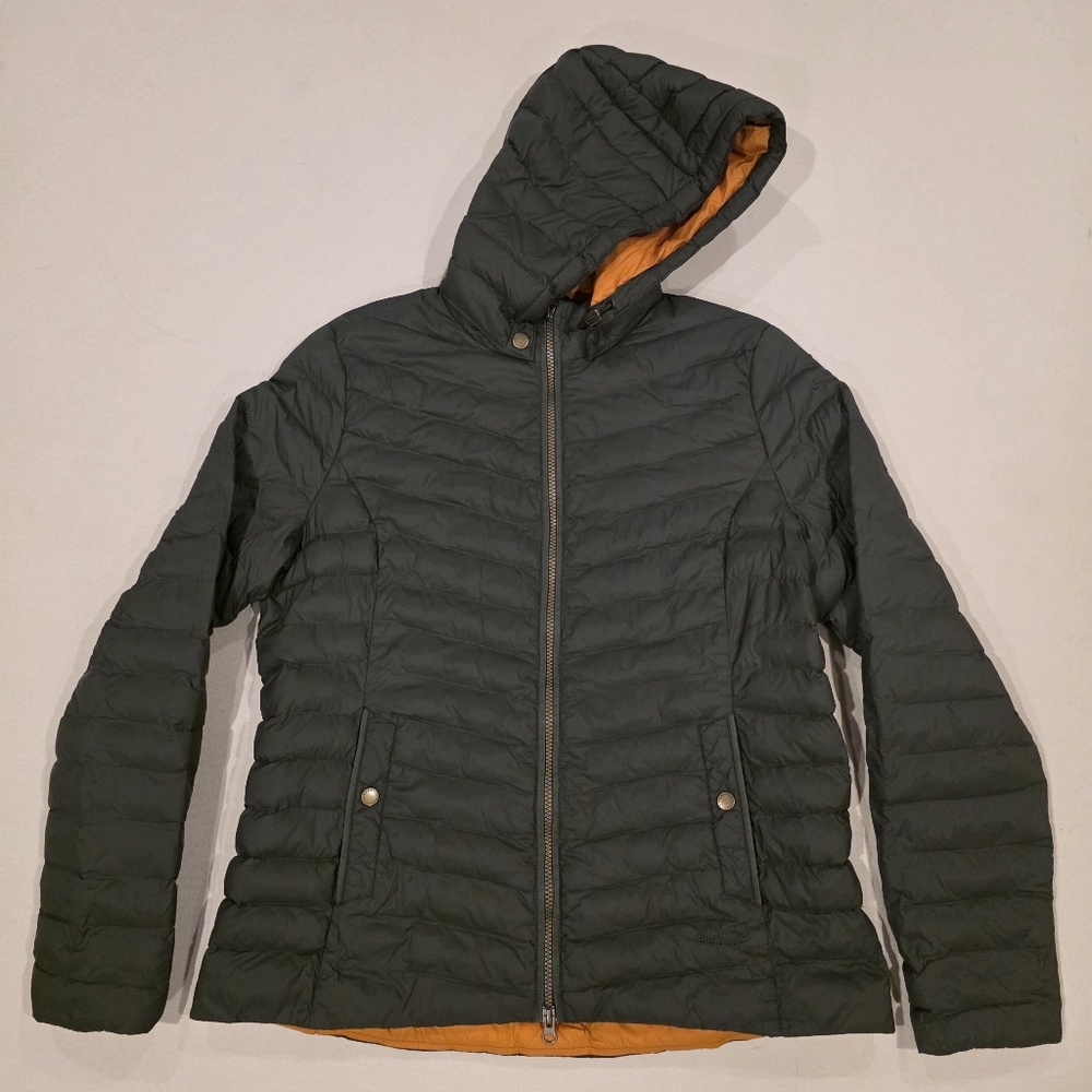 Barbour Olive Green Puffer Jacket with Orange Lining - Picture 2 of 7